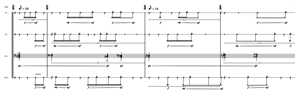 Measures 140 - 143 of L'archipel du corps (2011)
                      for flute, guitar, accordion & percussion