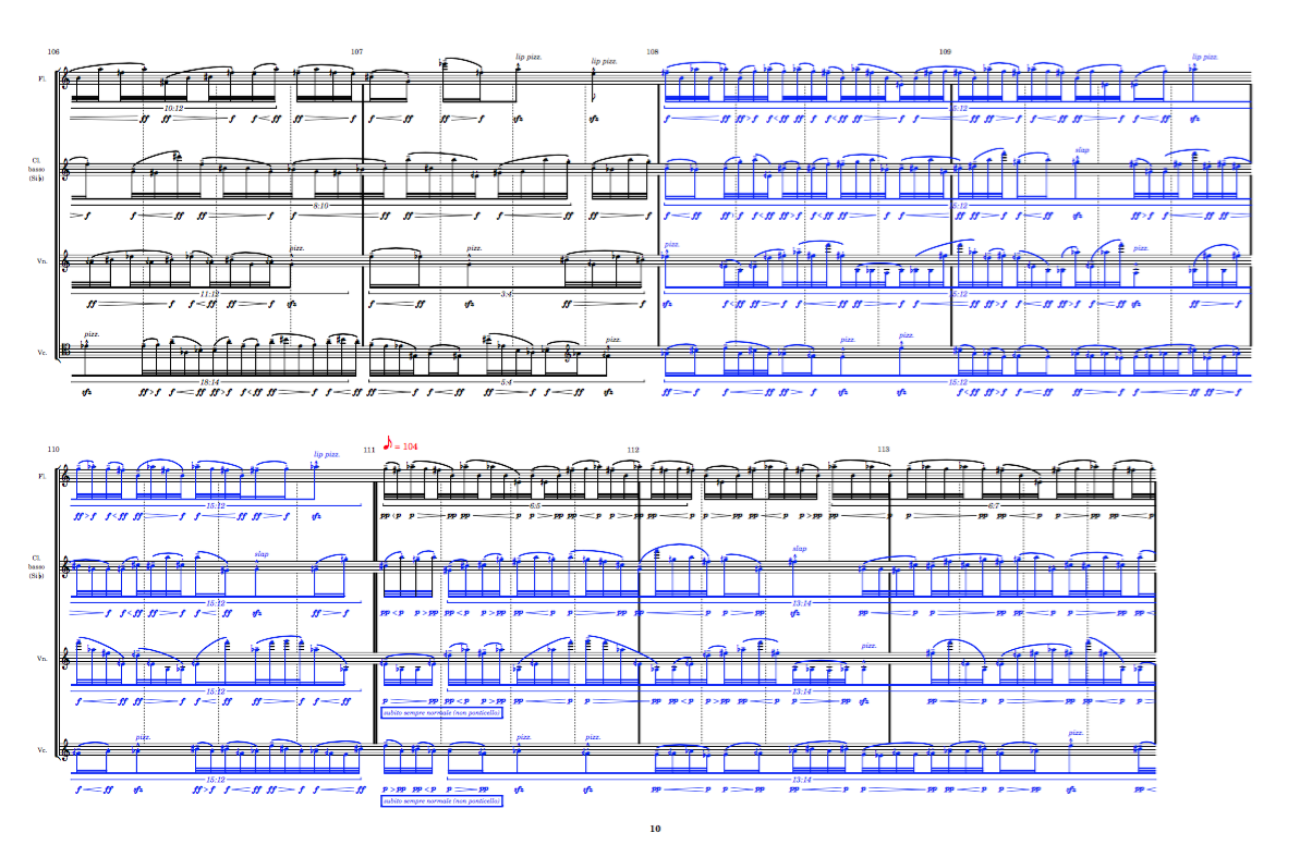 Page 10 of Mon seul désir (2009)
                      for flute, clarinet, violin & cello.